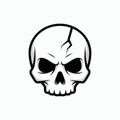 Stylized angry human skull illustration with black outline dark eye sockets and a prominent crack on the cranium on a white background