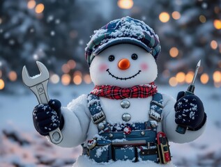Funny snowman mechanic with tools and work clothes, winter humor character for Christmas