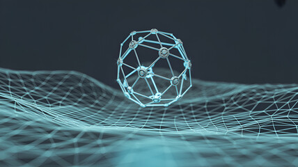 A molecular structure hovers over a wireframe surface in a dark environment