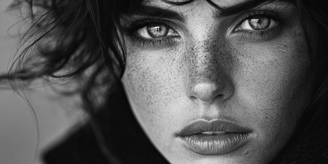 Artistic monochrome portrait of a woman with curly hair, black and white closeup for fashion, magazine cover