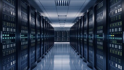 Modern data center corridor with server racks in blue neon lighting, technology digital storage concept for IT business