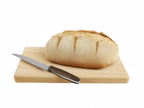 Freshly baked loaf of bread with a knife on a wooden cutting board, isolated on transparent background