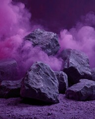 Gray rocks clustered amidst purple smoke