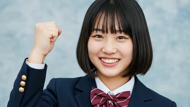 Cheerful Japanese Student Girl in Uniform Pumping Fist with a Big Smile of Success