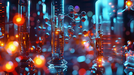 Close-up of scientists using holographic displays to manipulate molecular models and DNA, immersive biotech laboratory, precision instruments and glowing atomic particles, modern medical science