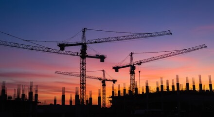 Silhouetted Construction Cranes at Sunset