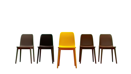 A single yellow chair stands out amidst a row of similar brown chairs