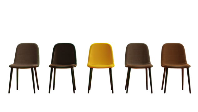 Five chairs in a row; one is a contrasting yellow