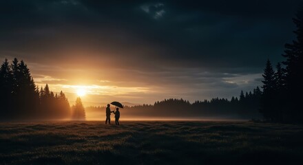 Sunrise Silhouette: A Serene Moment in the Misty Forest