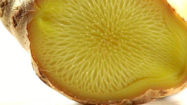 A detailed macro photograph of a freshly sliced ginger root, revealing its intricate fibrous texture and yellow flesh.