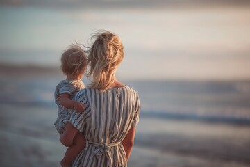 A mother holding her baby at the beach. She is wearing a striped dress and has blonde hair Generative AI