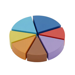 Colorful pie chart divided into eight segments with different shades transparent background