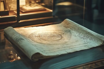 Close up of a Medieval Manuscript Map Displayed in a Museum
