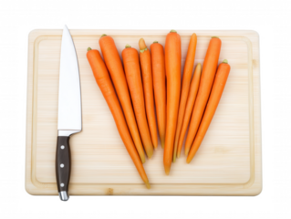 Rustic culinary setup with ten vibrant orange carrots on a wooden cutting board and a knife with a black handle and silver blade