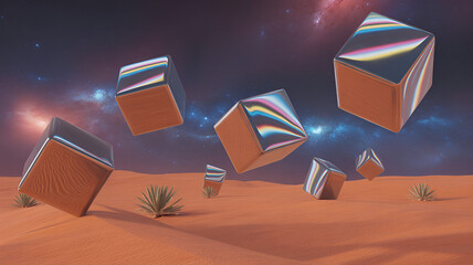 Surreal desert landscape with floating cubes against a cosmic galaxy backdrop