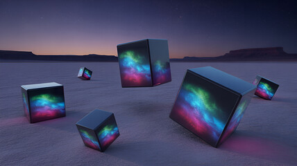 Abstract cubes float in a desert landscape under a starry night sky