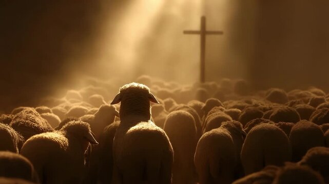 The shepherd's flock looking at the cross. 