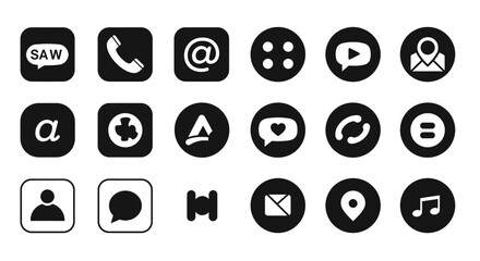 Collection of minimalist black and white communication and social media icons
