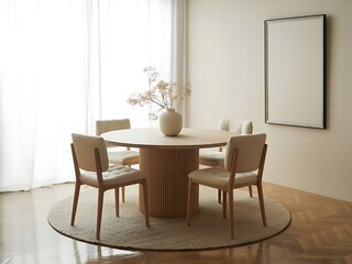 Living room mockup, Frame mockup. Modern dining room with a wooden table, luxury chairs, and stylish decor