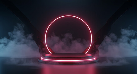 Futuristic Circular Podium with Glowing Red Neon Light Ring and Dynamic Smoke, an Abstract Stage for Product Showcase or Virtual Reality Presentation