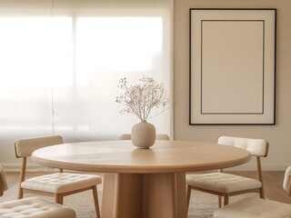 Living room mockup, Frame mockup. Modern home interior with wooden dining table and stylish chairs in a luxurious room