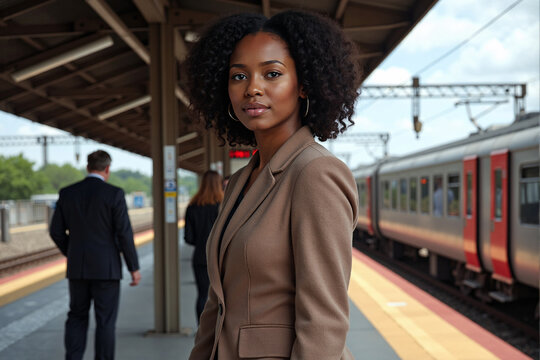 Confident and stylish Black businesswoman with an afro stands on a train station platform, waiting to commute to work with a train in the background