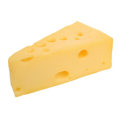 Close-up of pale yellow Swiss cheese wedge with holes on transparent background