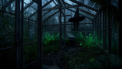 Fototapeta premium Interior view of a greenhouse with glowing plants, a table, and a witch's hat, creating a mystical atmosphere.