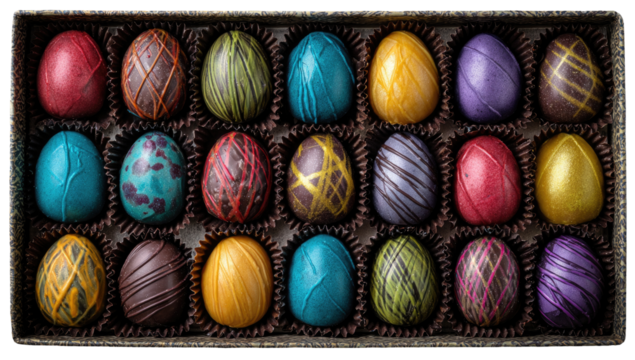 Assorted chocolate eggs in a box.  Colorful, decorative egg-shaped chocolates