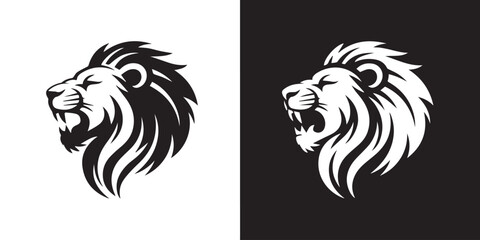 bold lion head mascot logo vector in contrasting black white dual color symmetrical illustration for sports teams © AIcon Star
