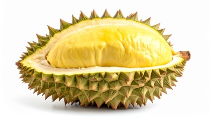 Obraz premium Delicious fresh durian fruit cut open, showcasing the creamy, yellow flesh on white background