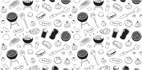 black and white seamless barbecue pattern vector ai eps jpeg png with grills steaks sausages vegetables utensils