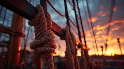Obraz premium Sunset Over Sailboat Rigging with Knotted Ropes and Dramatic Sky