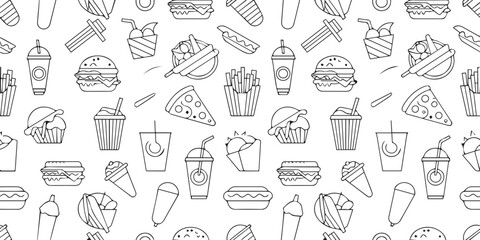 seamless lineart fast food pattern vector illustration for packaging featuring burgers fries pizza ice cream drinks menu