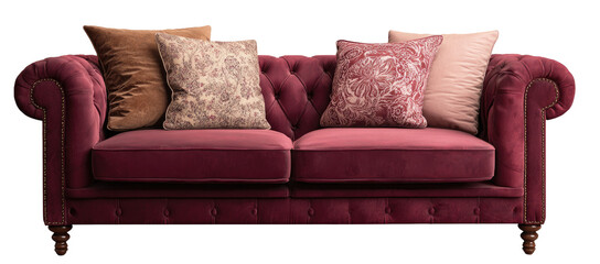 Elegant burgundy velvet sofa with decorative pillows