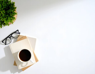 Top view of workspace with notebook, glasses, coffee cup and plant, creative work desk. Generative AI