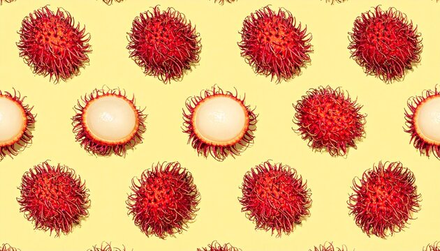 Vibrant rambutan fruit pattern on a bright yellow background, showcasing exotic taste and freshness.