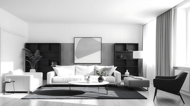 Modern minimalist living room design with neutral color palette, elegant furniture, and abstract art, creating a serene atmosphere for relaxation - Powered by Adobe