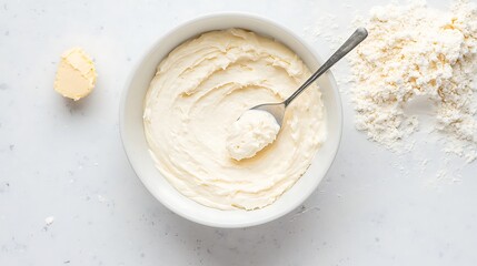 Creamy mixture in a bowl with a spoon, isolated on white background
