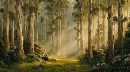 Fototapeta premium Sunlight streams through a tranquil forest.