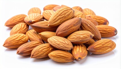 Fototapeta premium Pile of delicious, whole almonds with textured brown skins on a clean white background