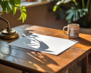 Obraz premium Living room mockup, Frame mockup. A wooden table in a cafe interior with a notebook, pen, and a coffee mug, ready for a business meeting