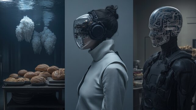 Futuristic scene of underwater, human, and robot figures