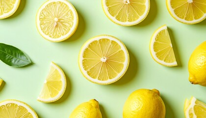 Vibrant lemon slices and whole fruits arranged artistically on a fresh green background
