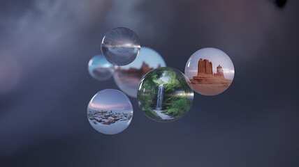 Diverse landscapes reflected in glass spheres against a dark, moody backdrop