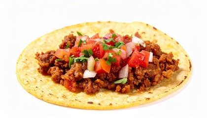 Deliciously seasoned taco overflowing with savory ground meat and fresh pico de gallo topping