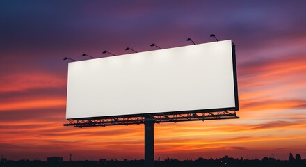 A blank billboard stands silhouetted against a sunset sky