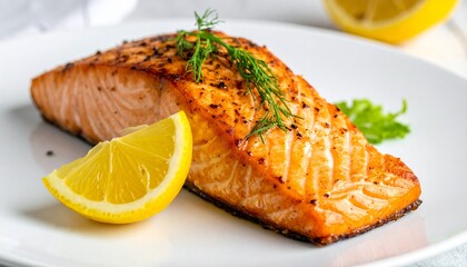 A perfectly cooked salmon fillet garnished with fresh dill and a lemon slice, offering a healthy and delicious meal.