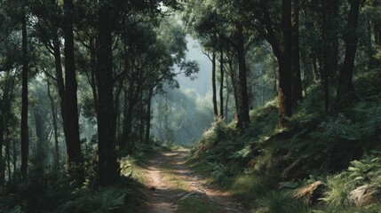 Obraz premium Enchanting forest path illuminated by ethereal light through the canopy