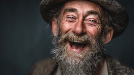 Expressive portrait of an elderly man with a jovial expression and grizzled beard